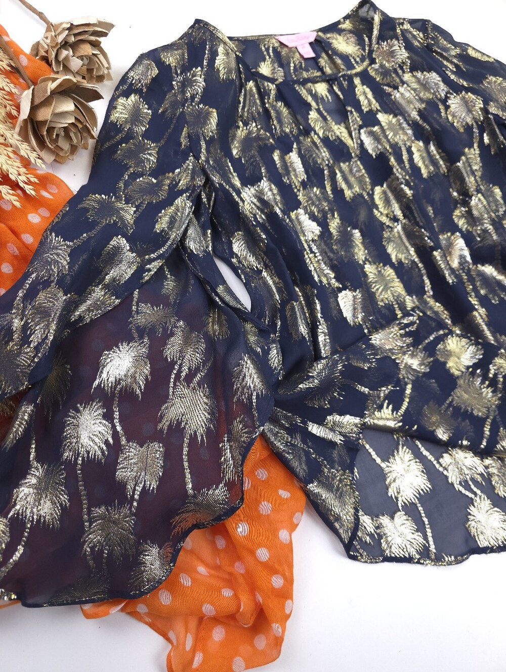 Lilly Pullitzer Navy - Gold Palm Accent Sheer Silk Top S Xs
